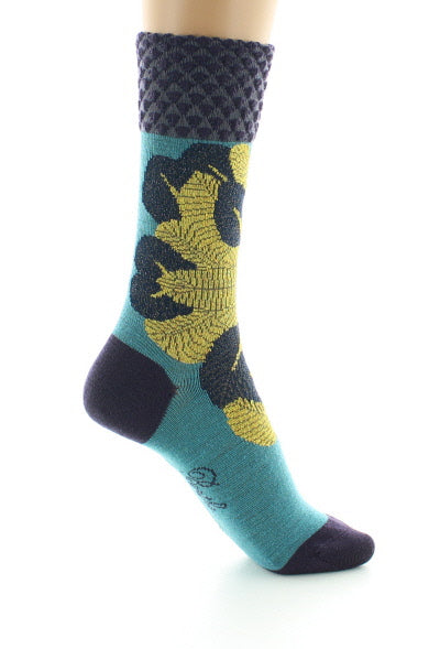 Chaussettes femme laine peignée feuilles d'or BLEU TURQUOISE