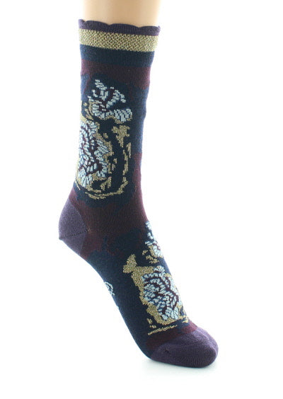 Chaussettes femme laine peignée fleurs de kimono MARINE