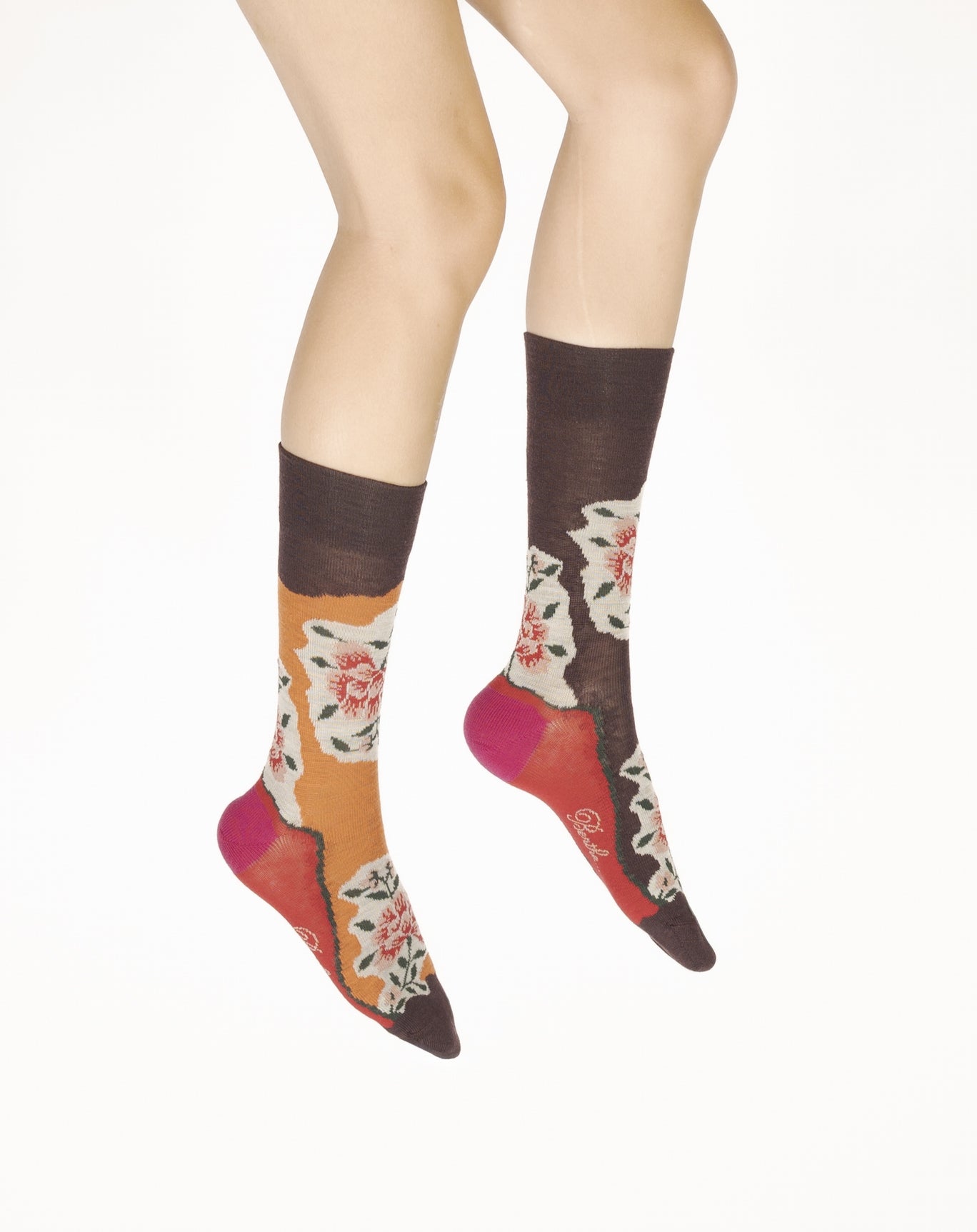 Chaussettes femme laine peignée fleurs sur fond orange et bordeaux ORANGE/BORDEAUX