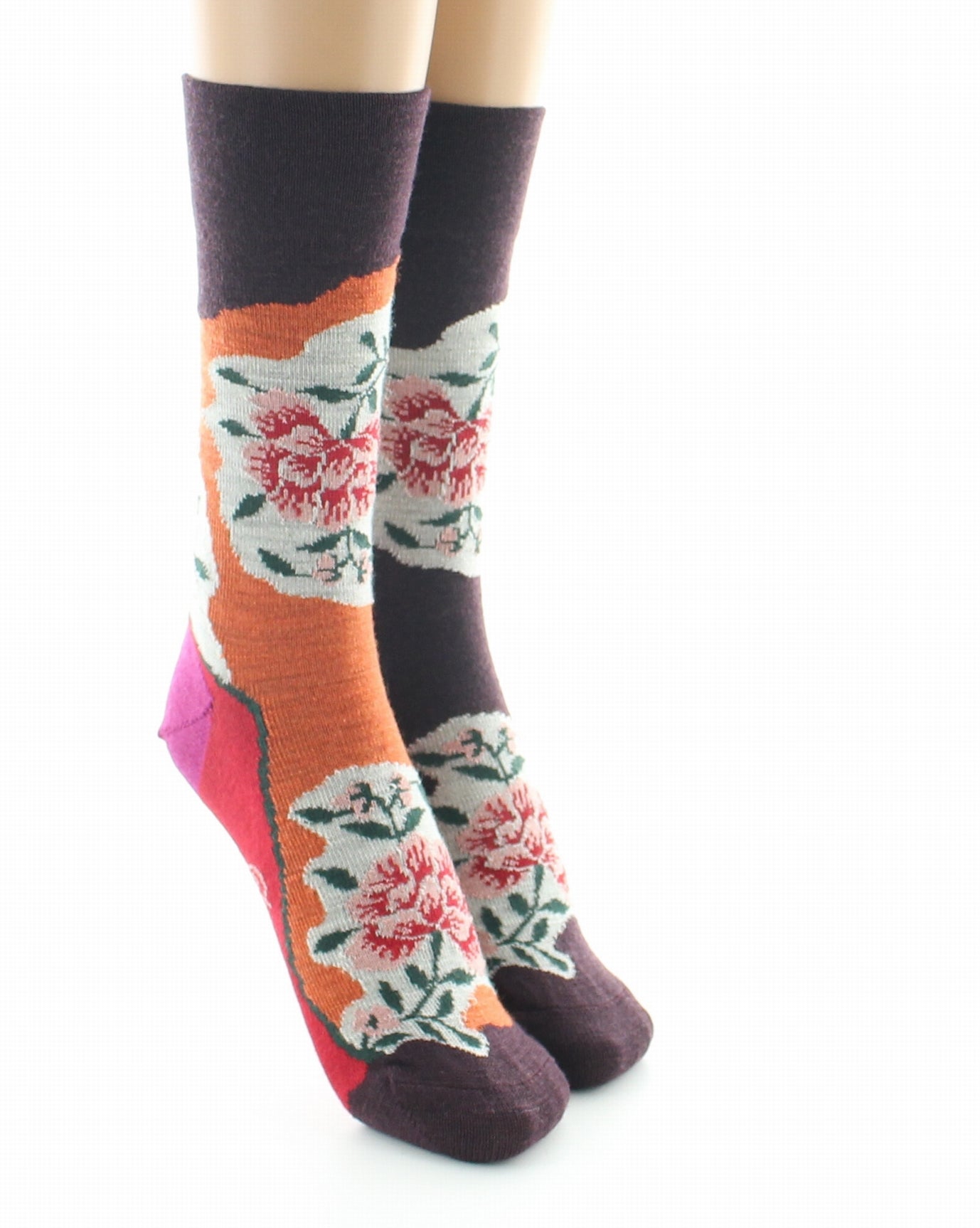 Chaussettes femme laine peignée fleurs sur fond orange et bordeaux ORANGE/BORDEAUX