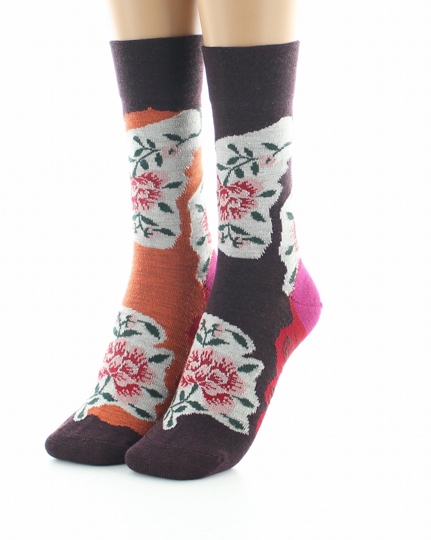 Chaussettes femme laine peignée fleurs sur fond orange et bordeaux ORANGE/BORDEAUX