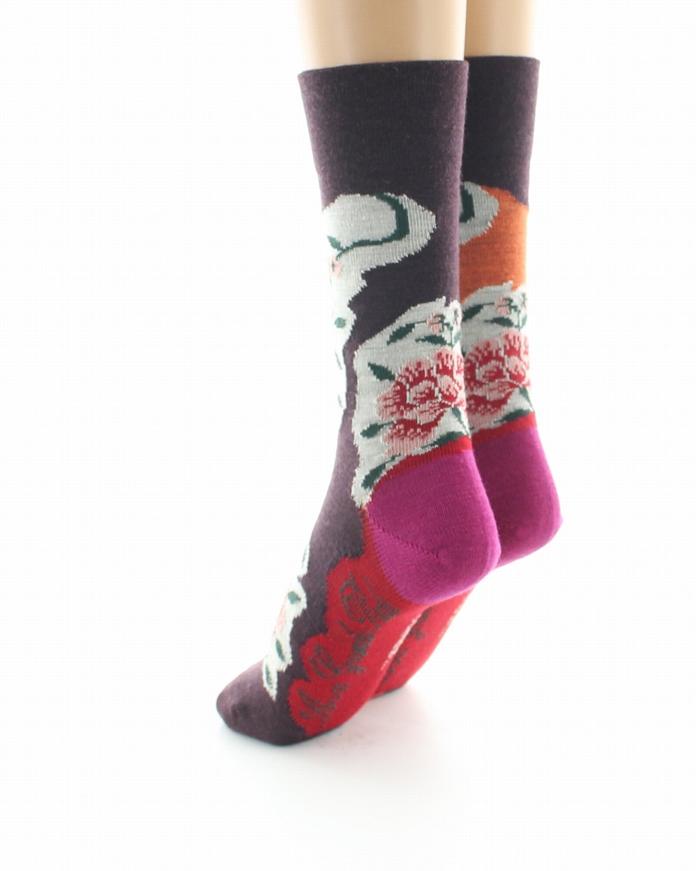 Chaussettes femme laine peignée fleurs sur fond orange et bordeaux ORANGE/BORDEAUX