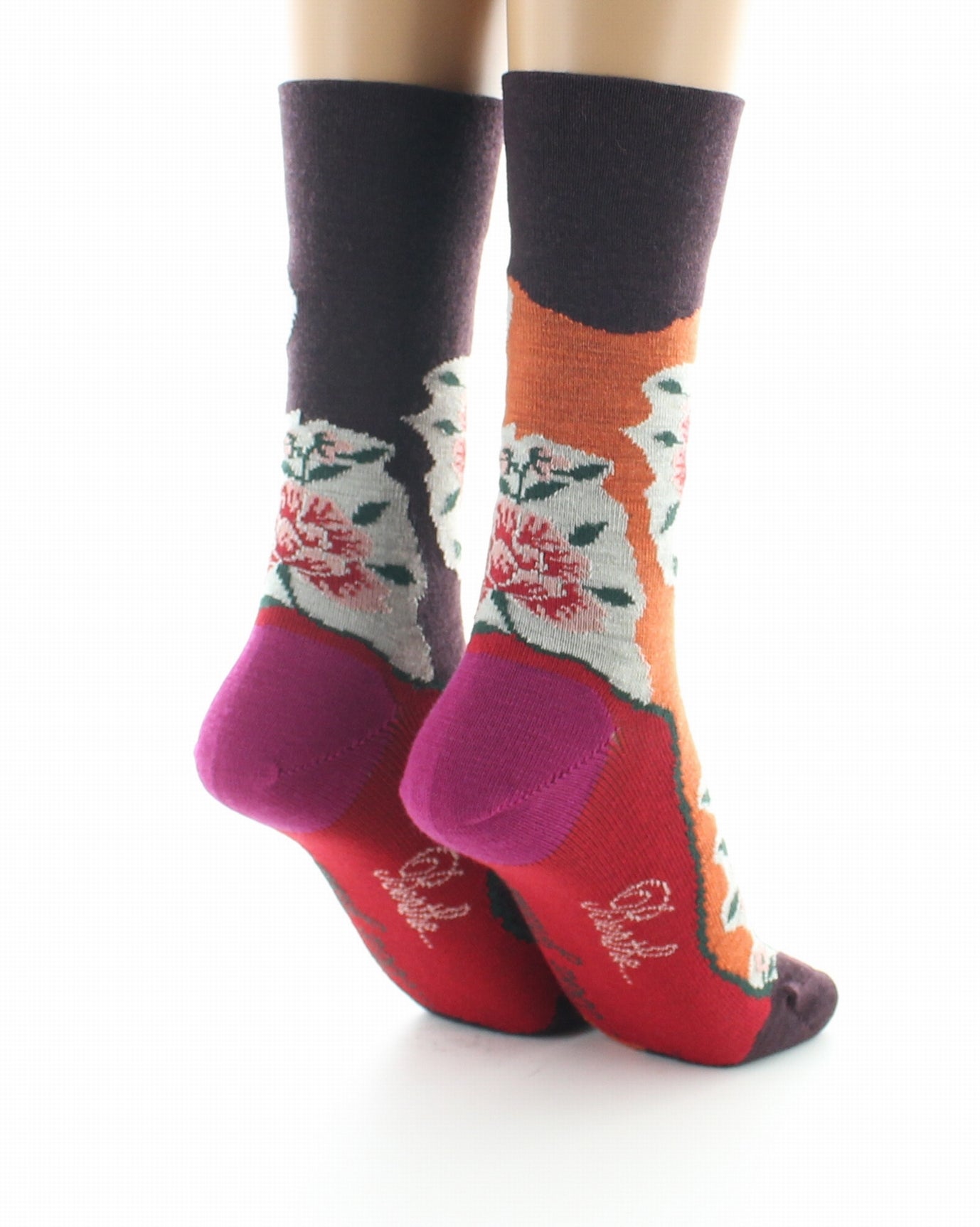 Chaussettes femme laine peignée fleurs sur fond orange et bordeaux ORANGE/BORDEAUX