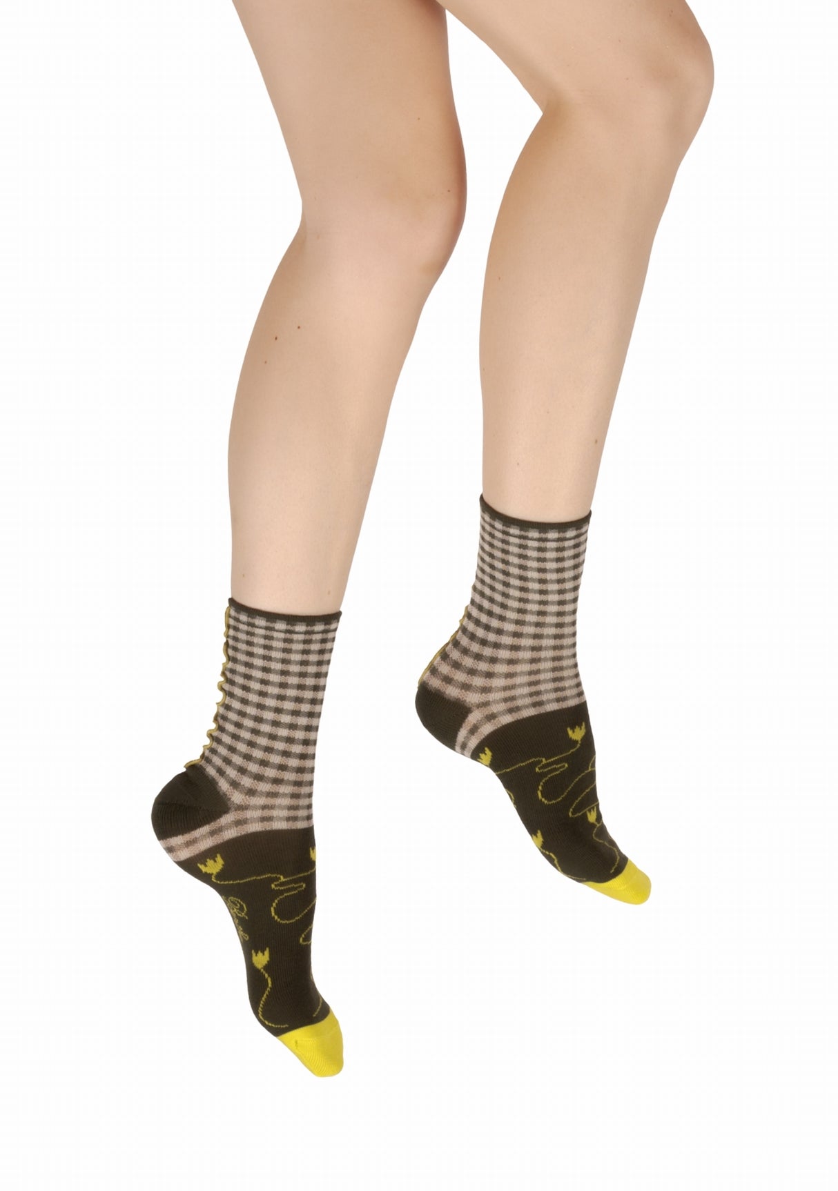 Chaussettes fil d'Écosse femme Berthe Aux Grands Pieds motif vichy kaki ivoire COLONIAL