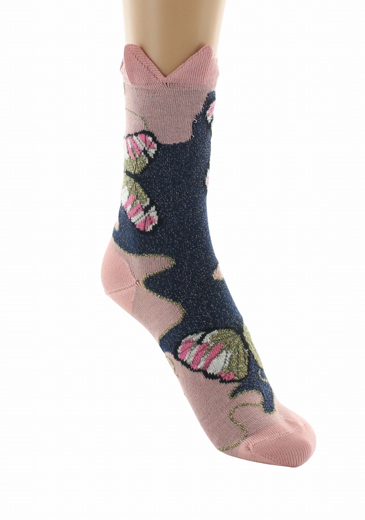 Chaussettes fil d’Écosse femme Berthe Aux Grands Pieds papillons et couronne ROSE