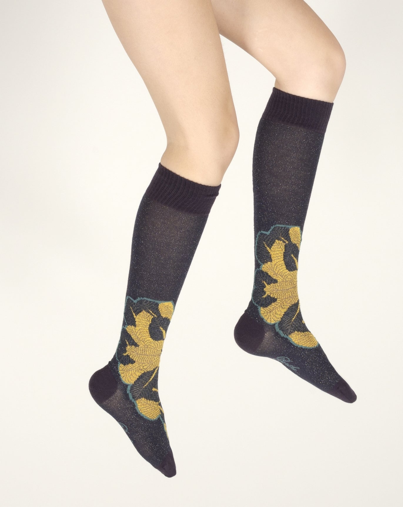 Chaussettes hautes femme laine peignée feuilles d'or BLEU