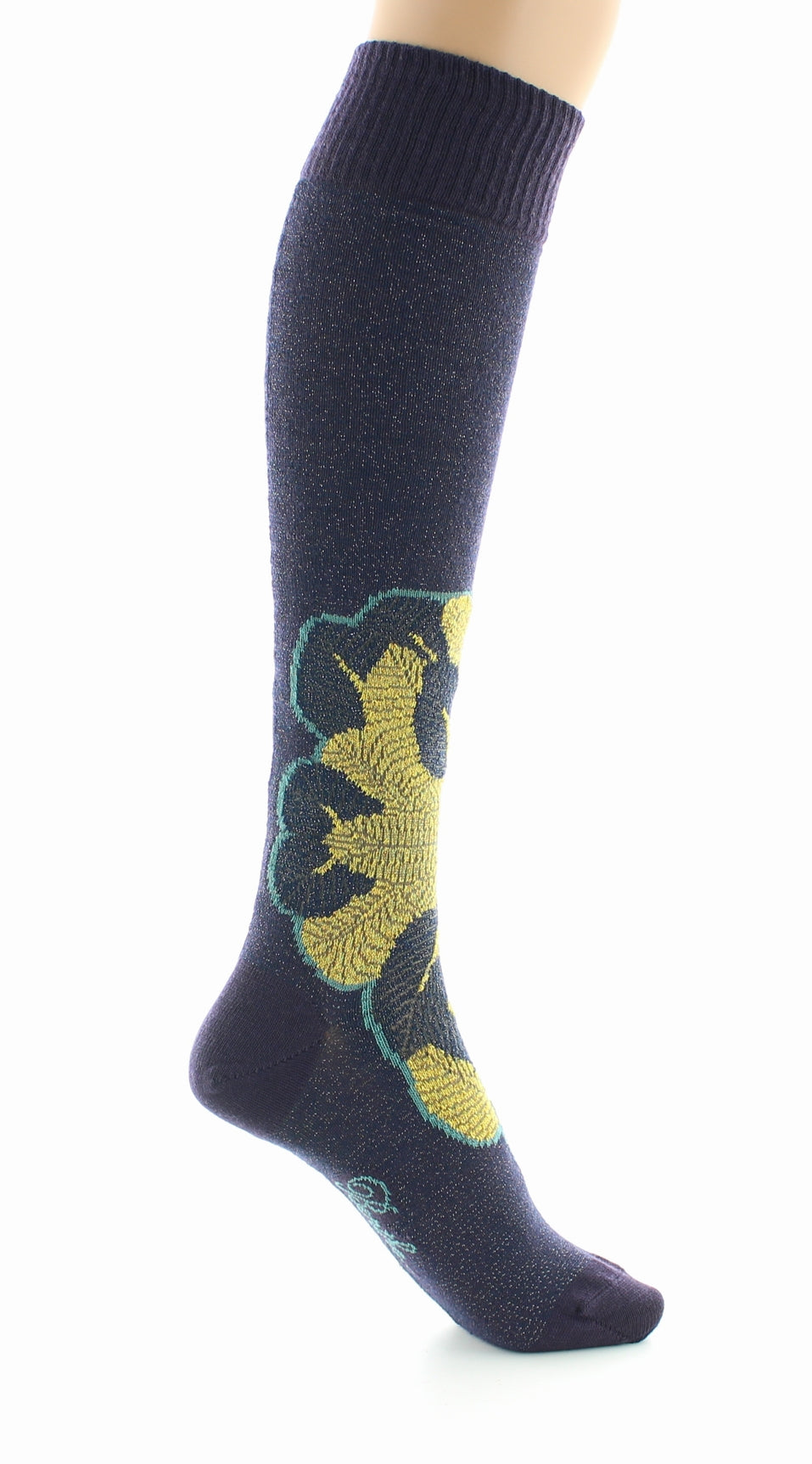 Chaussettes hautes femme laine peignée feuilles d'or BLEU