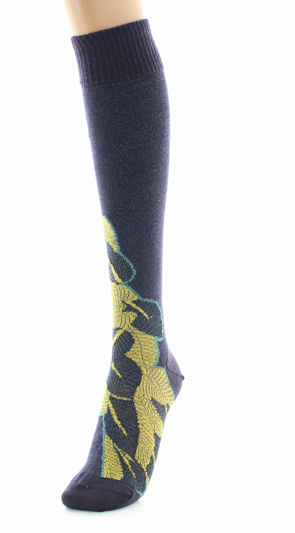 Chaussettes hautes femme laine peignée feuilles d'or BLEU