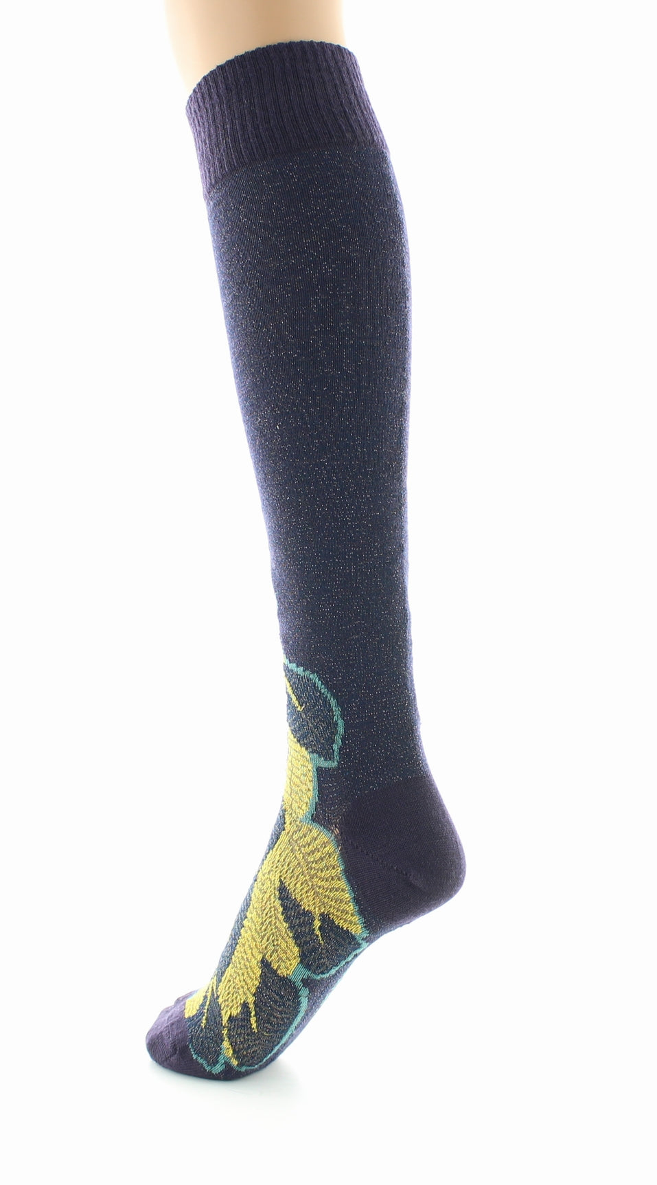 Chaussettes hautes femme laine peignée feuilles d'or BLEU