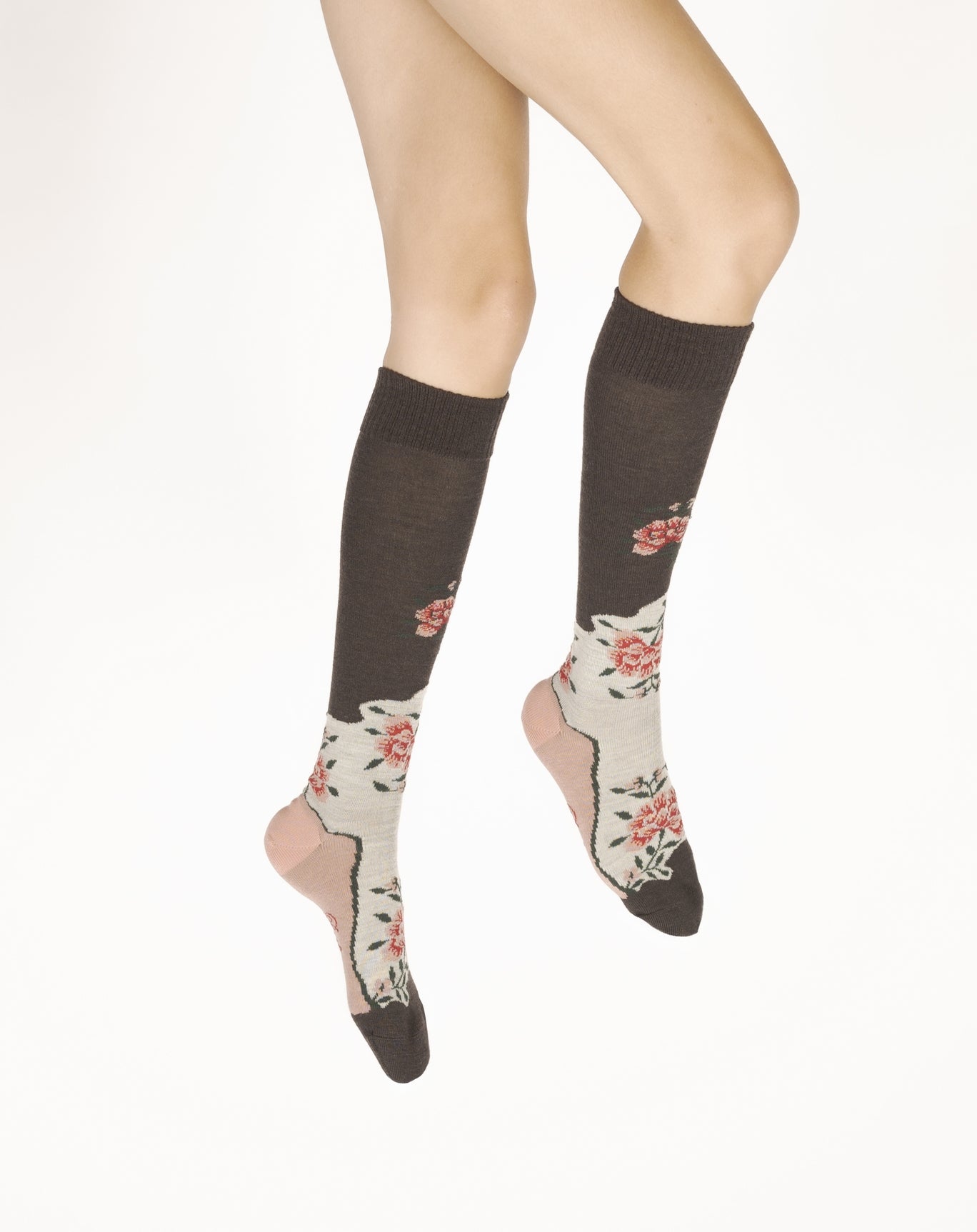 Chaussettes hautes femme laine peignée fleurs MARRON