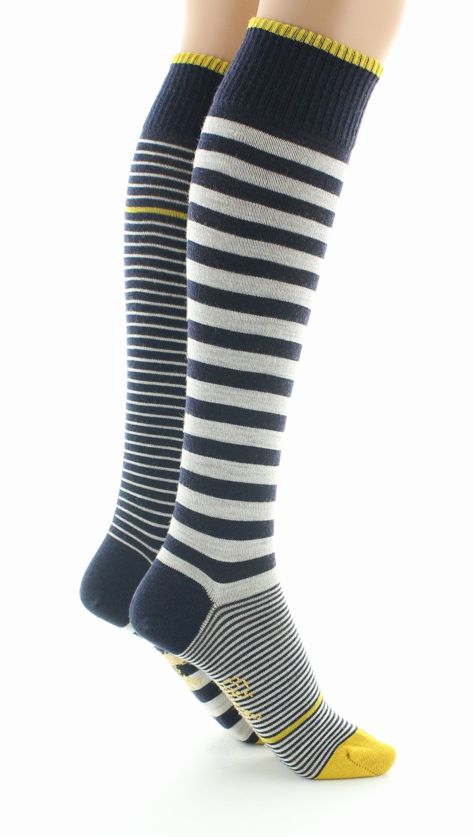 Chaussettes hautes femme laine peignée rayures asymétriques MARINE/JAUNE