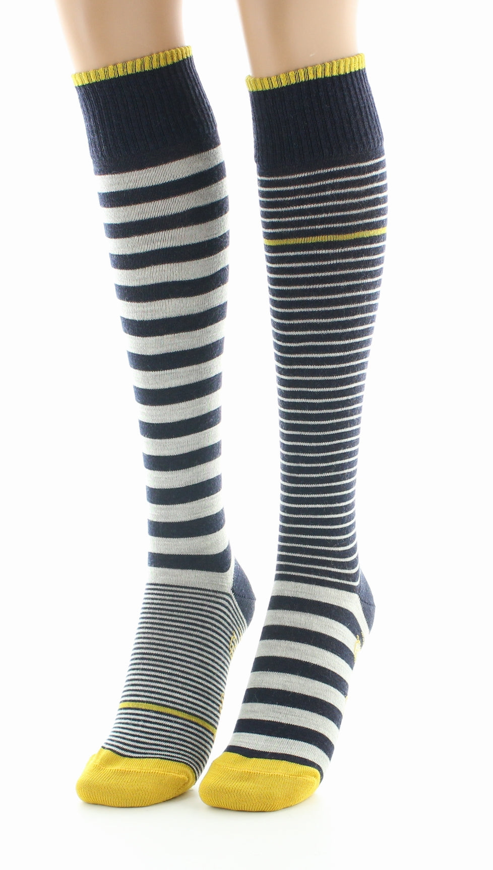 Chaussettes hautes femme laine peignée rayures asymétriques MARINE/JAUNE