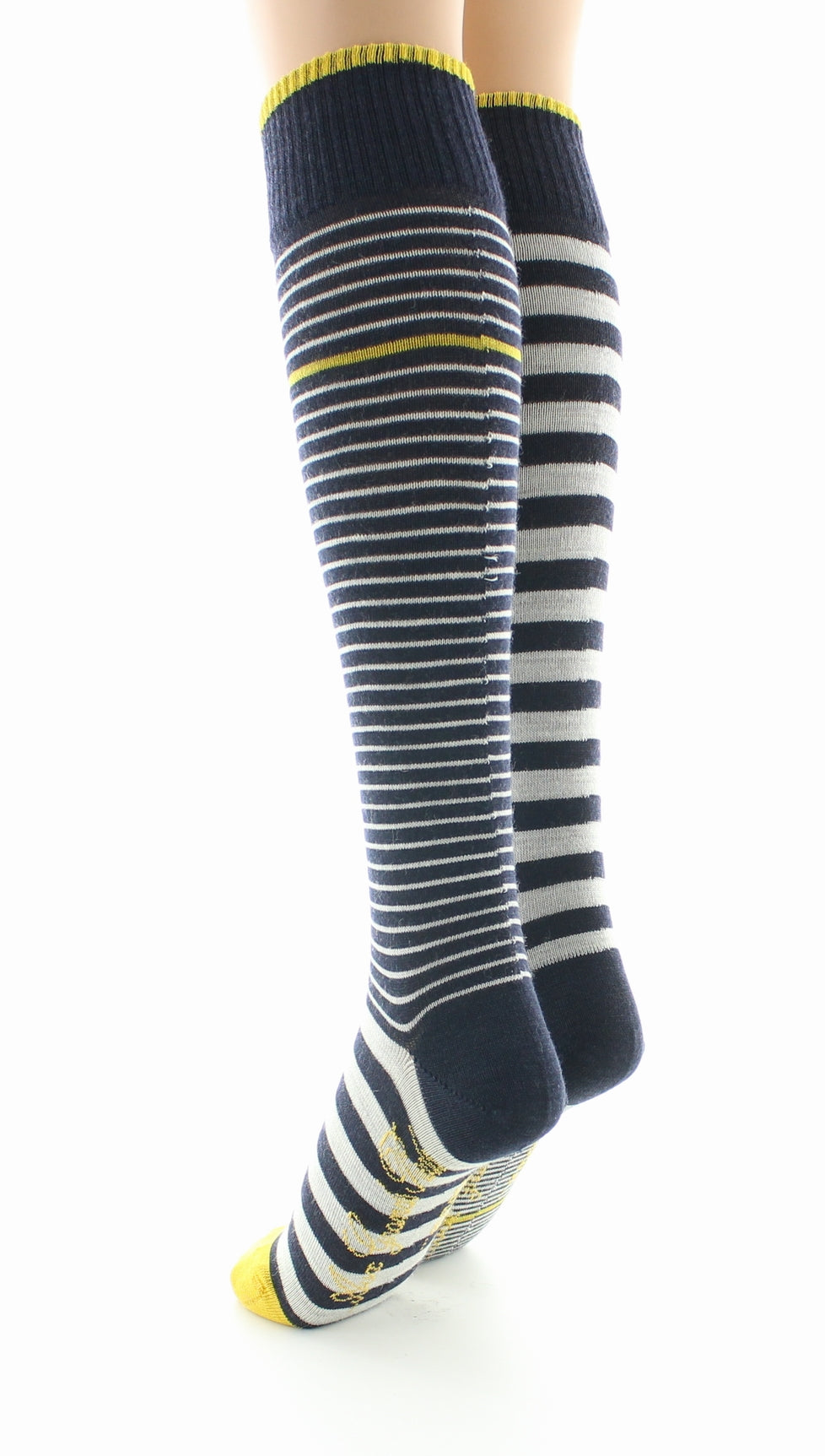 Chaussettes hautes femme laine peignée rayures asymétriques MARINE/JAUNE