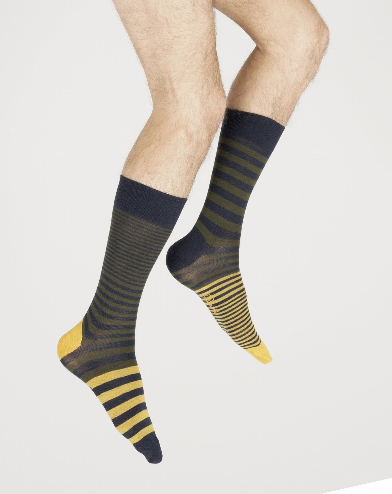 Chaussettes homme laine peignée rayures asymétriques bleu marine, kaki et jaune MARINE/KAKI