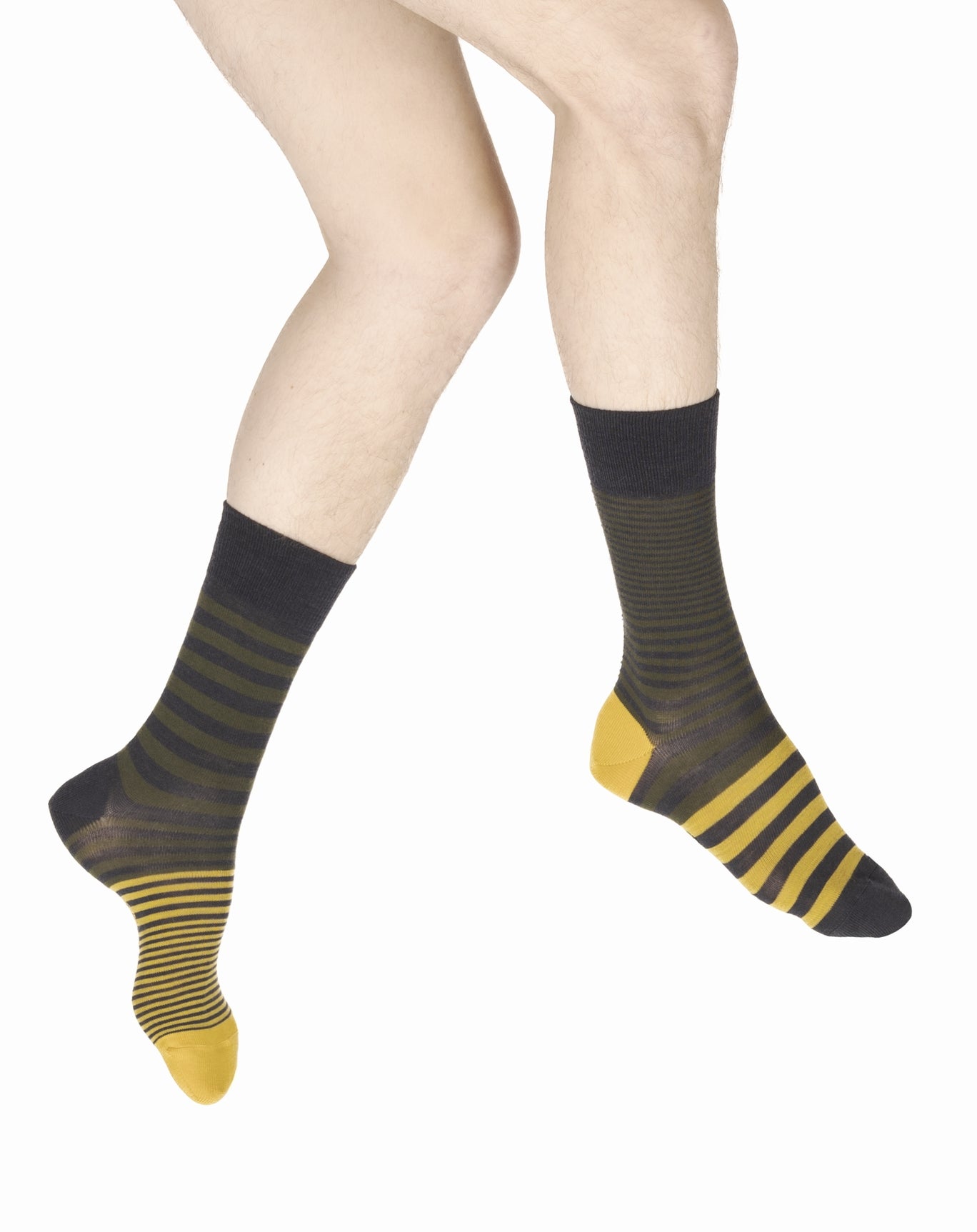 Chaussettes homme laine peignée rayures asymétriques bleu marine, kaki et jaune MARINE/KAKI