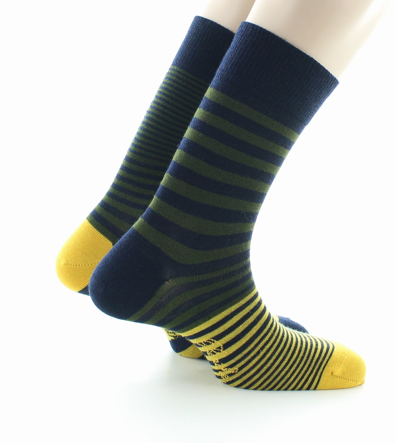 Chaussettes homme laine peignée rayures asymétriques bleu marine, kaki et jaune MARINE/KAKI