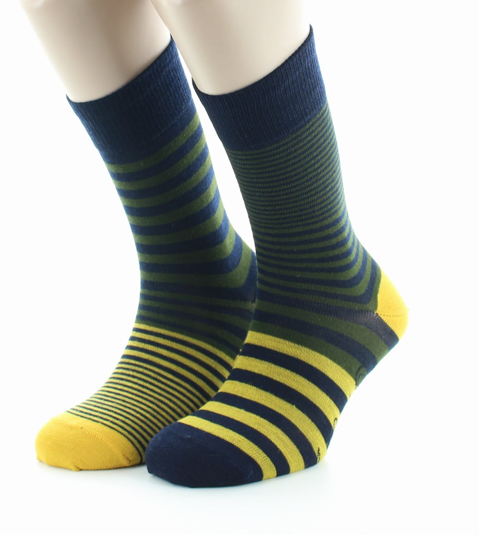 Chaussettes homme laine peignée rayures asymétriques bleu marine, kaki et jaune MARINE/KAKI