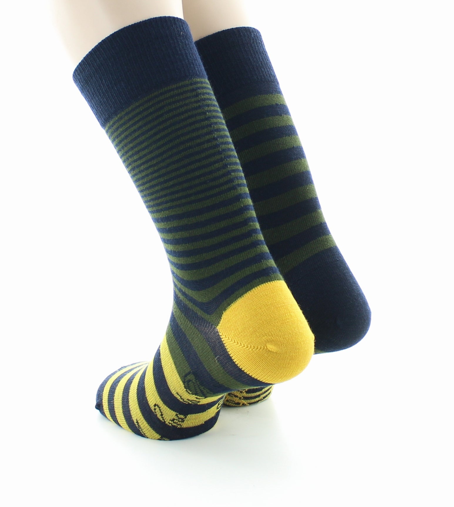 Chaussettes homme laine peignée rayures asymétriques bleu marine, kaki et jaune MARINE/KAKI