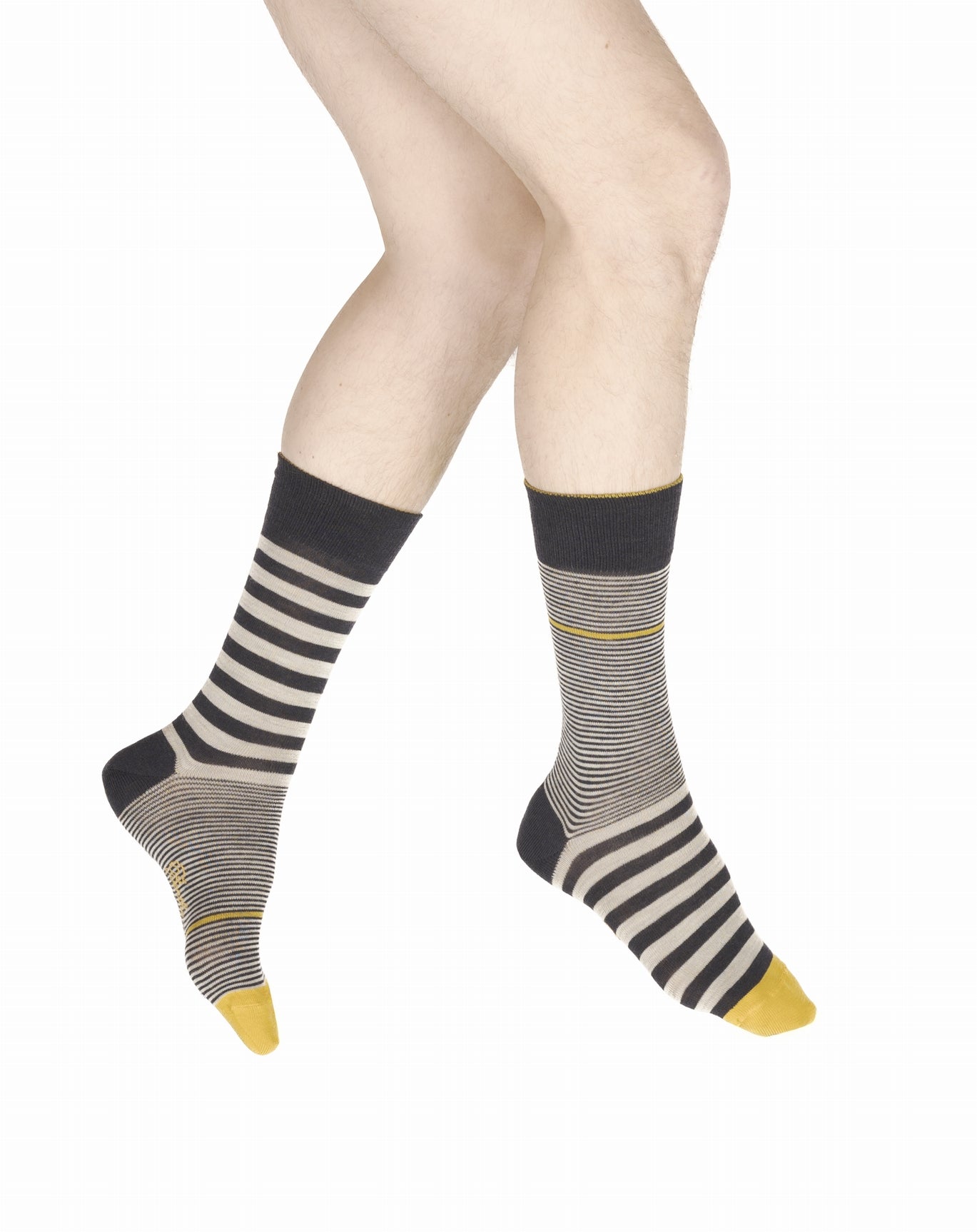 Chaussettes homme laine peignée rayures asymétriques MARINE/JAUNE