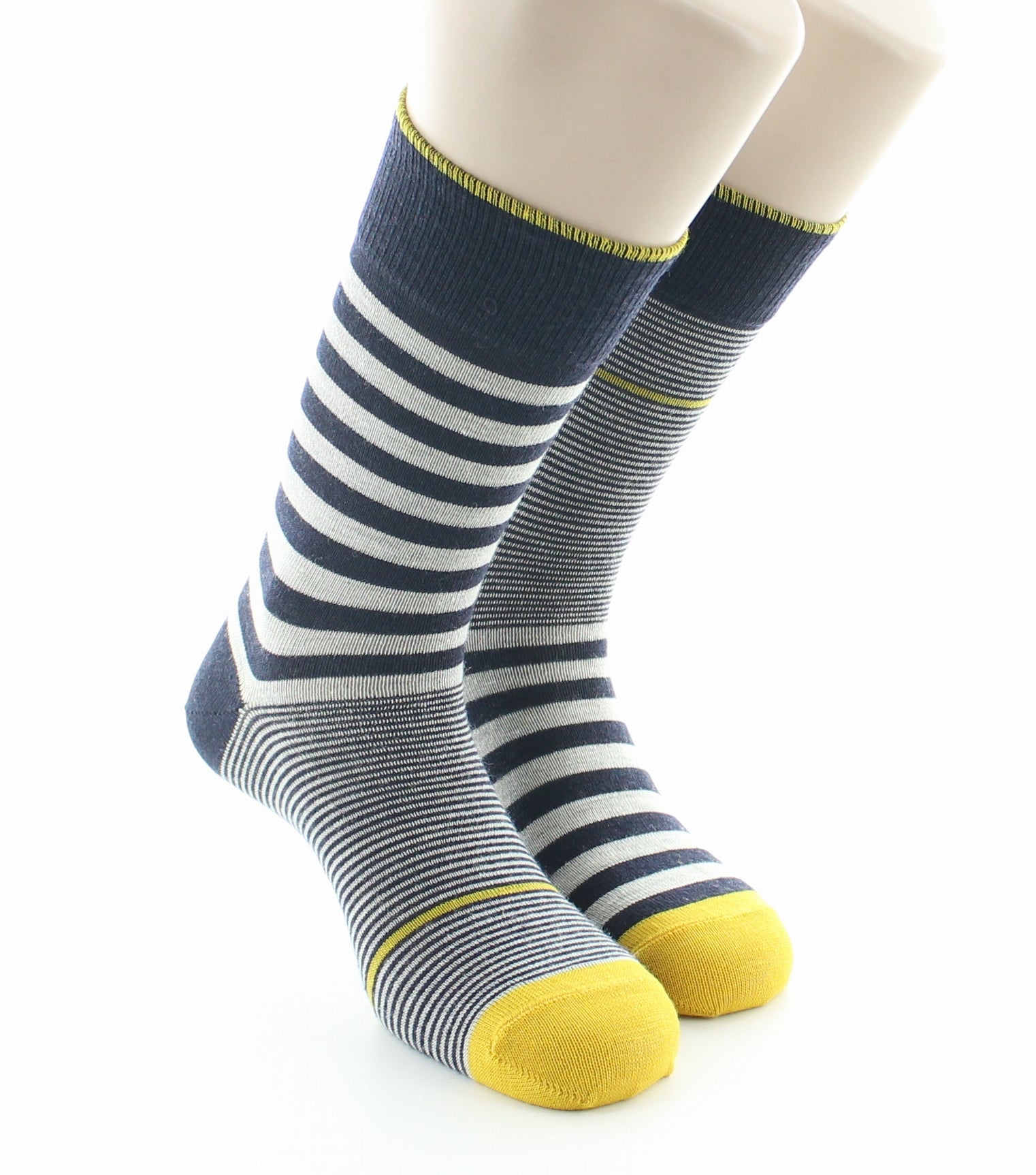 Chaussettes homme laine peignée rayures asymétriques MARINE/JAUNE