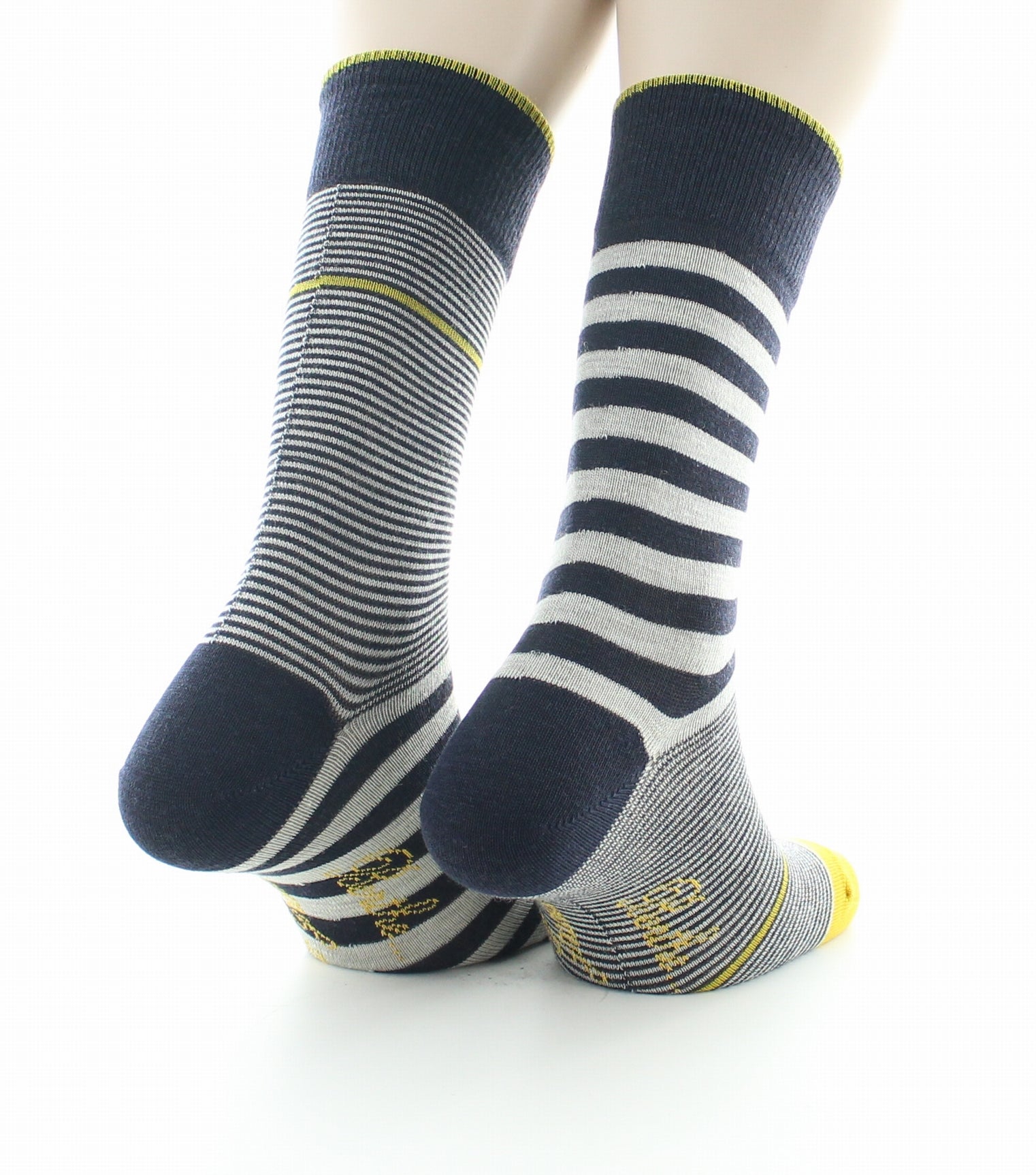 Chaussettes homme laine peignée rayures asymétriques MARINE/JAUNE