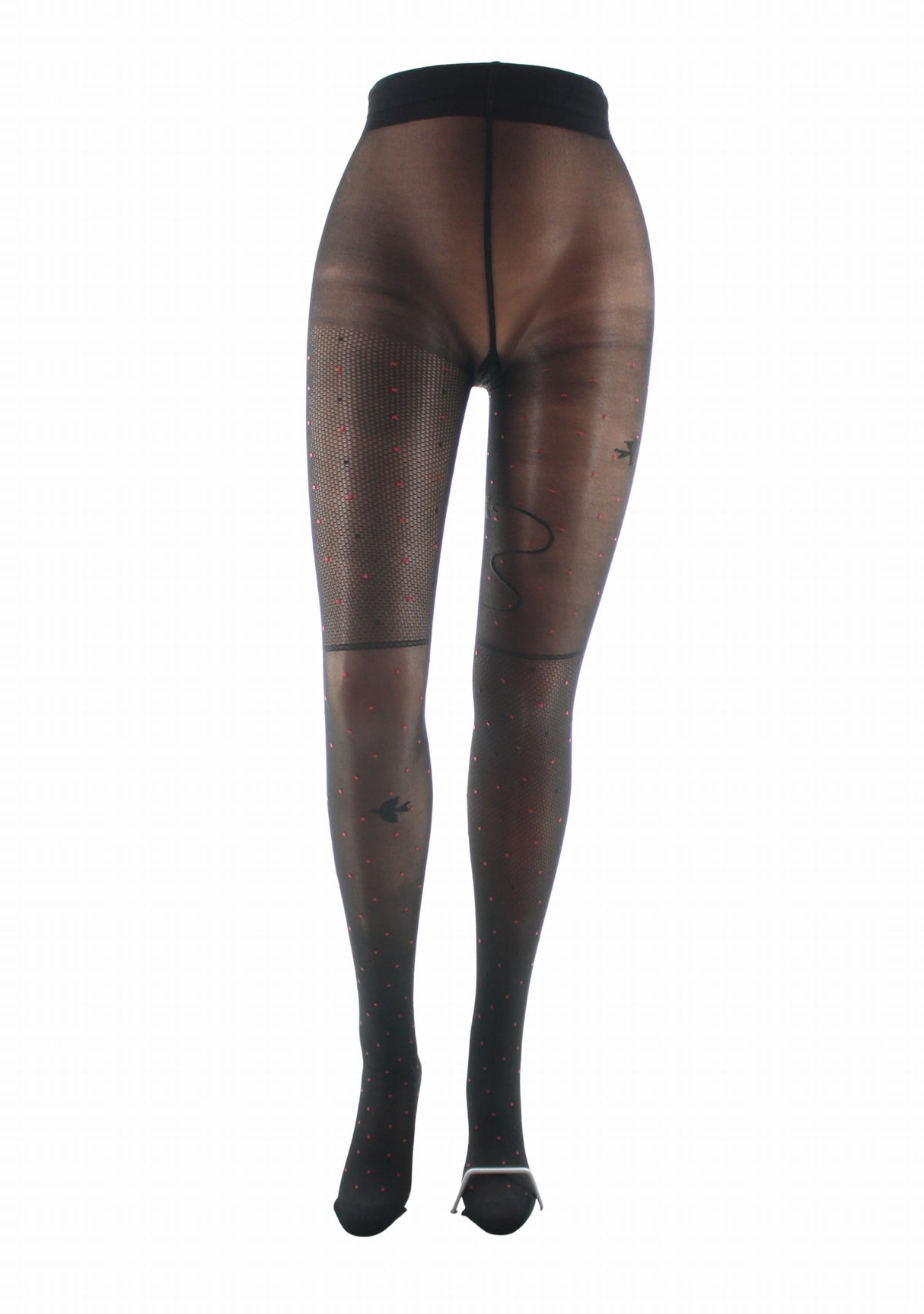 Collant fin 30 deniers femme Berthe Aux Grands Pieds asymétrique oiseaux résille Noir Rouge/Noir Oiseau Noir NOIR/ROUGE/NOIR