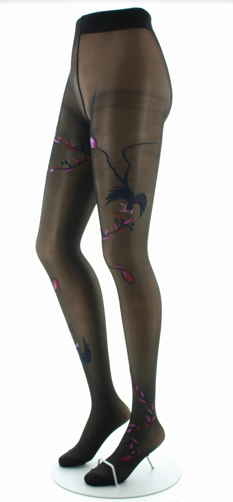 Collants 30D femme noir oiseau marine et rose NOIR/MARINE