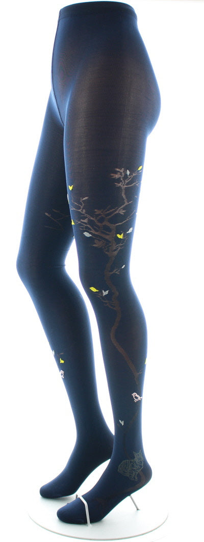 Collants 40D Arbre marine et Oiseaux jaunes MARINE/JAUNE