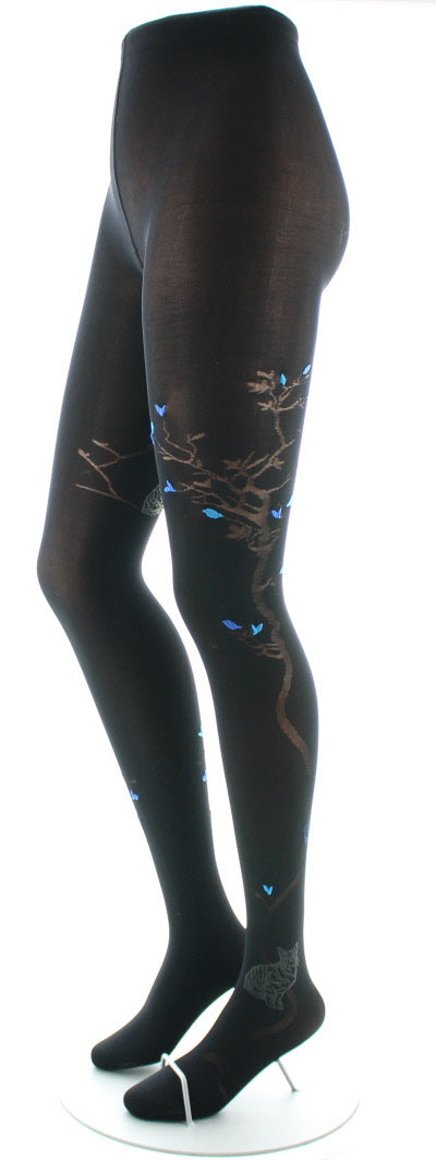 Collants 40D Arbre noir et Oiseaux bleus NOIR/BLEU