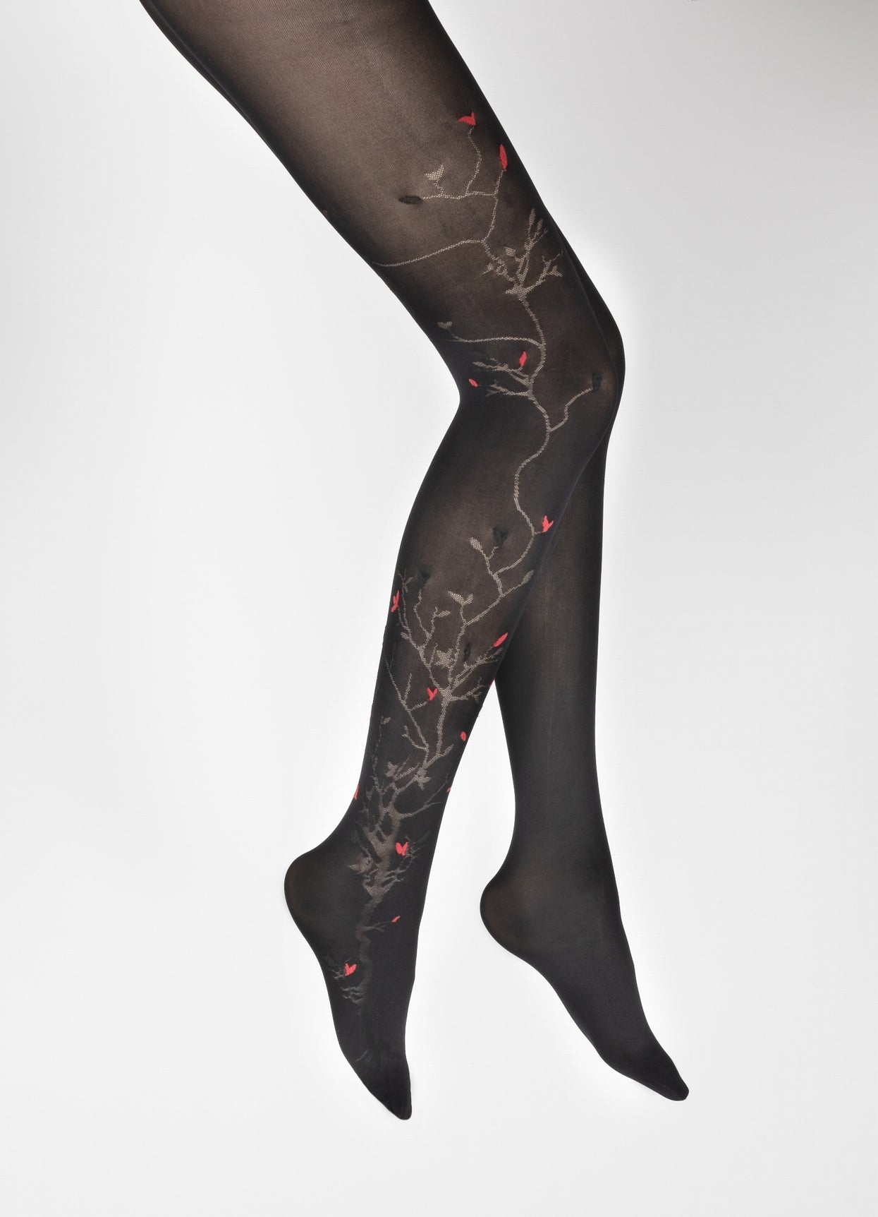 Collants 40D Arbre noir et Oiseaux rouges NOIR/ROUGE