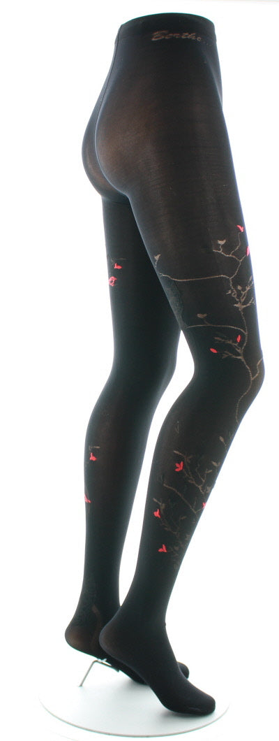 Collants 40D Arbre noir et Oiseaux rouges NOIR/ROUGE