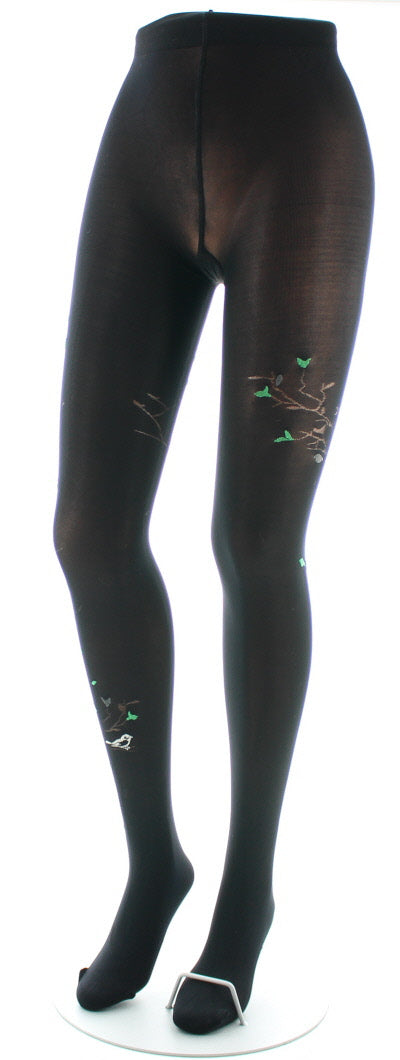 Collants 40D Arbre noir et Oiseaux verts NOIR/VERT