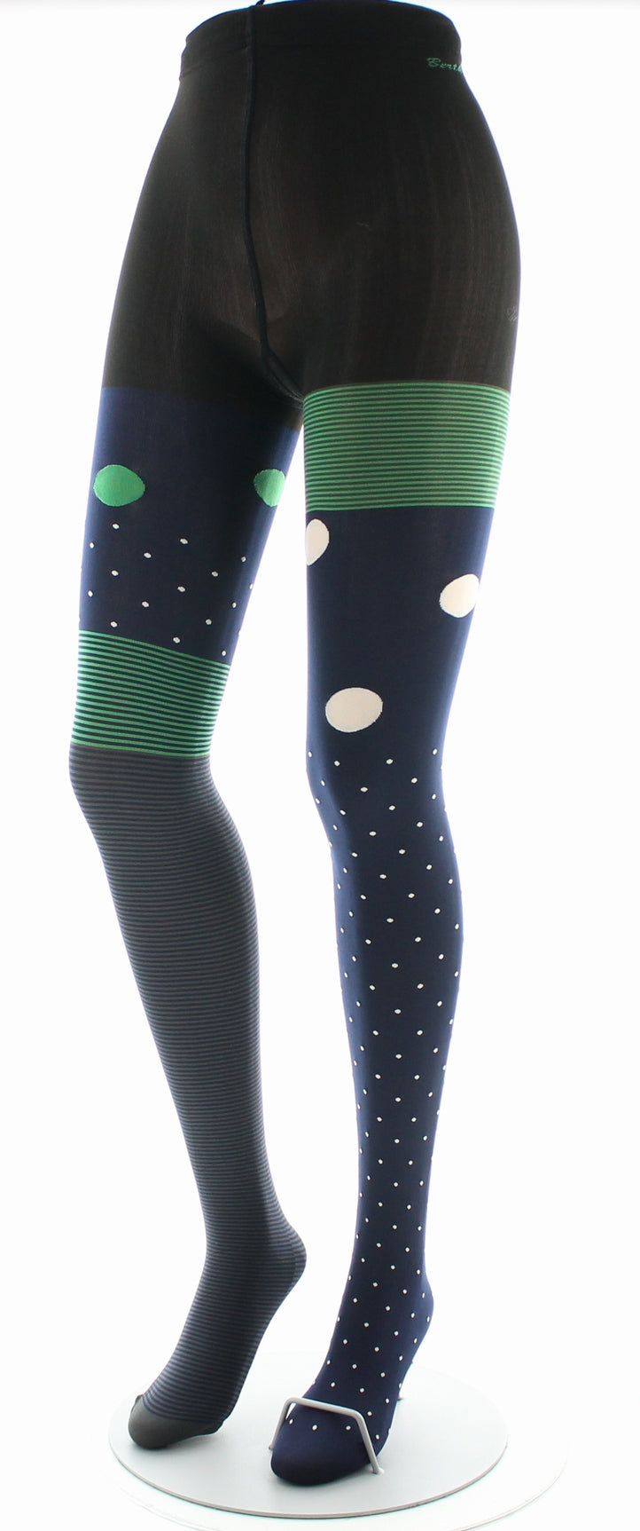 Collants femme 60D pois et rayures marine et vert MARINE/VERT