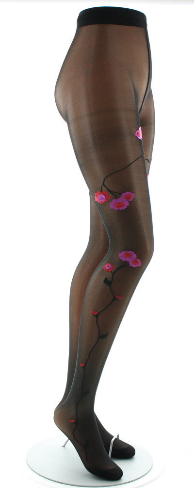 Collants Fleurs Roses et Rouges fond Noir NOIR/ROSE/ROUGE