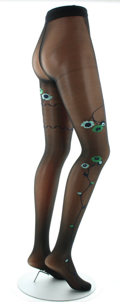 Collants Fleurs Vertes et Bleues fond Noir NOIR/VERT/BLEU