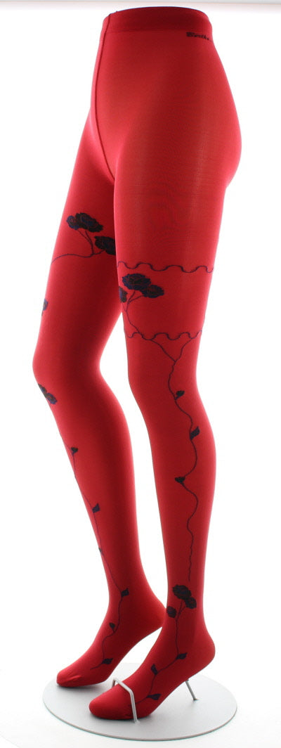 Collants rouge semi-opaque à fleurs noires et marine ROUGE