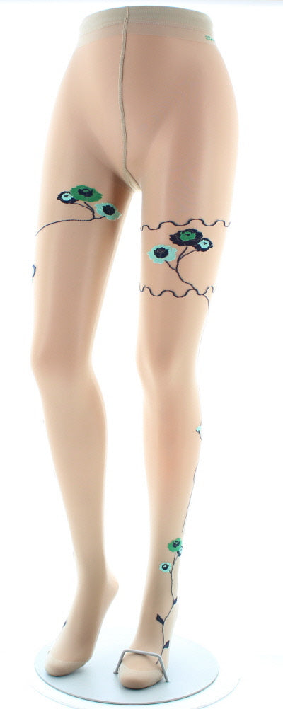 Collants Tatoo Fleurs Vertes et Bleues couleur chair CHAIR/VERT/BLEU