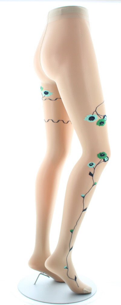 Collants Tatoo Fleurs Vertes et Bleues couleur chair CHAIR/VERT/BLEU