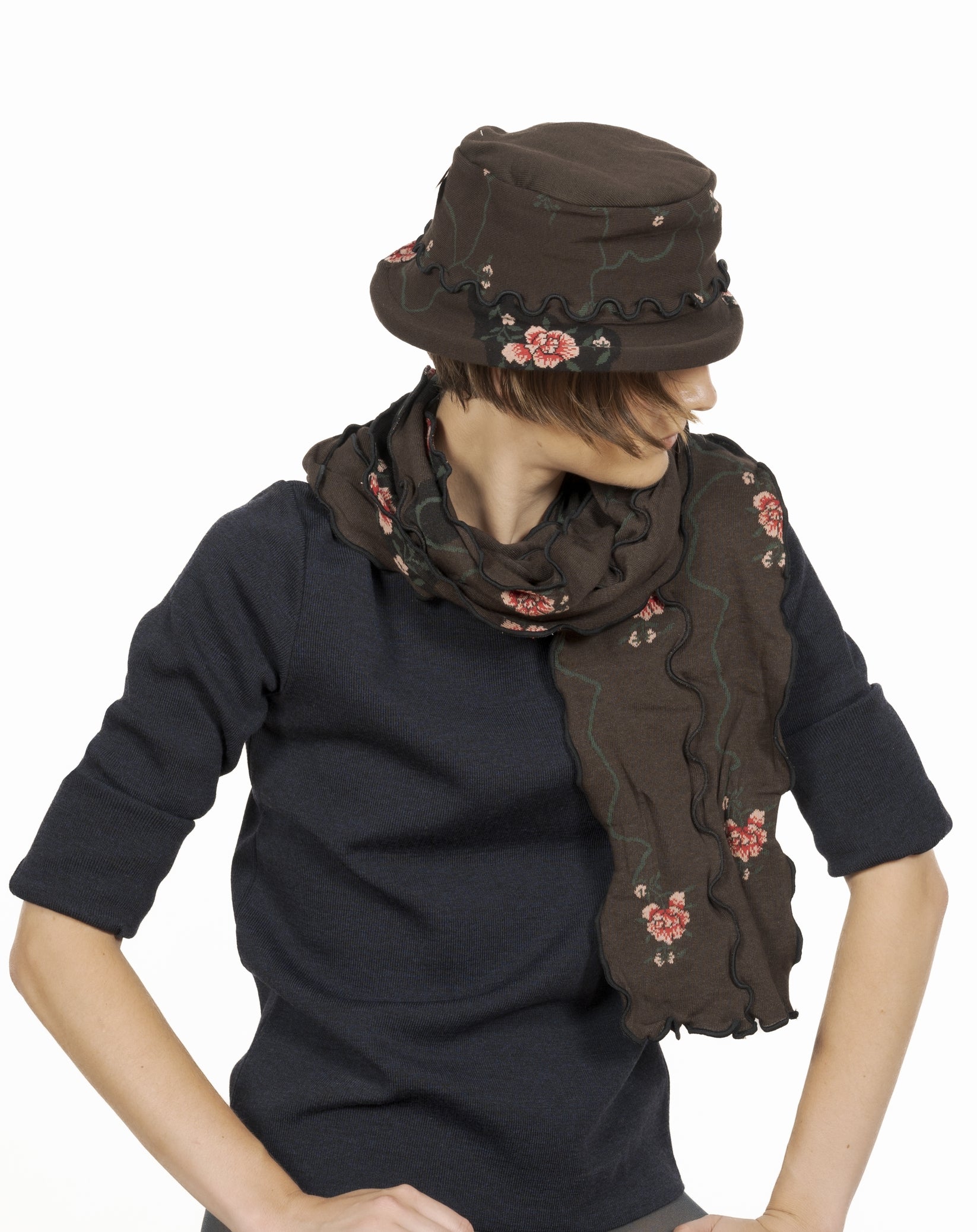 Echarpe coton femme fleurs MARRON