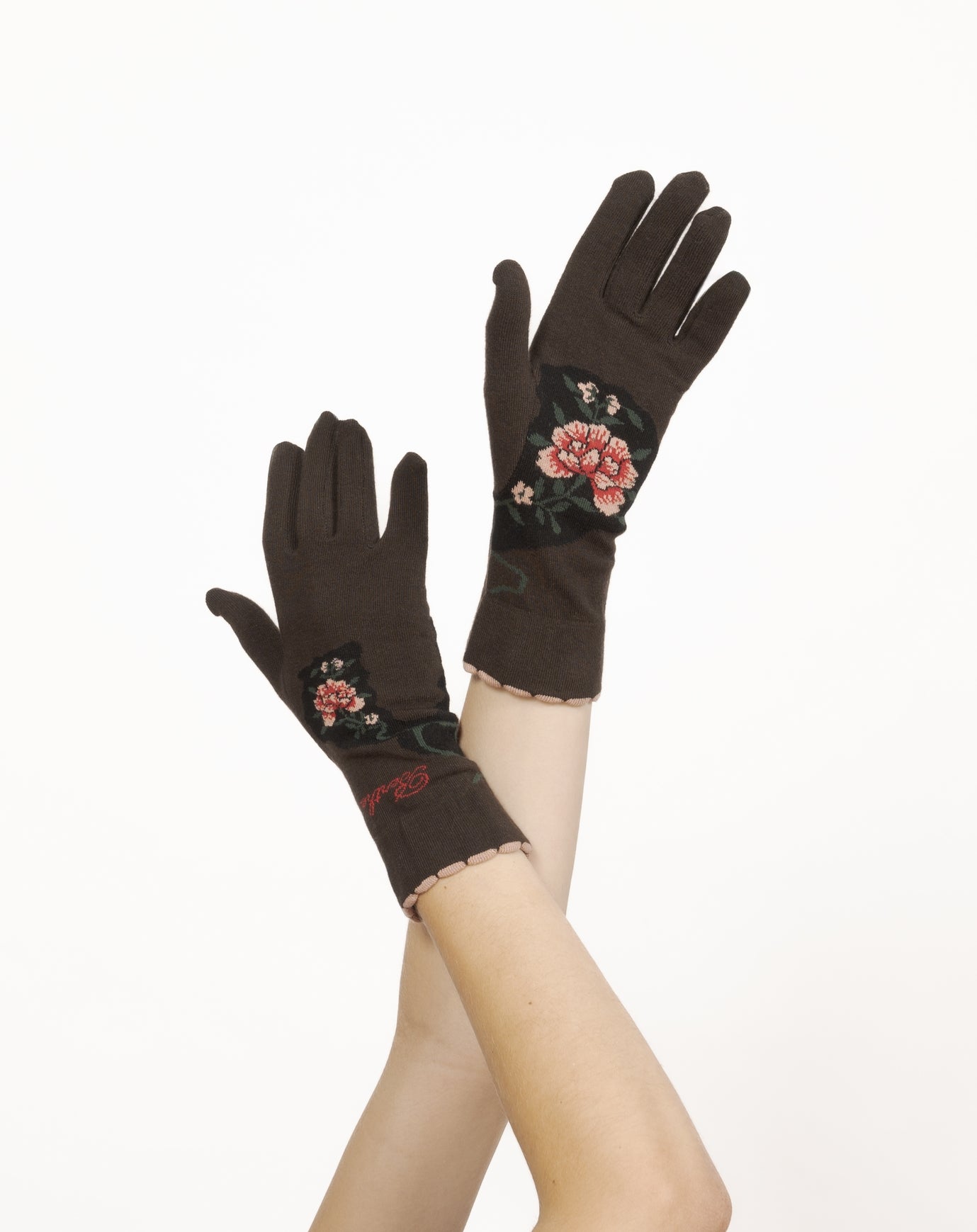 Gants coton femme fleurs MARRON