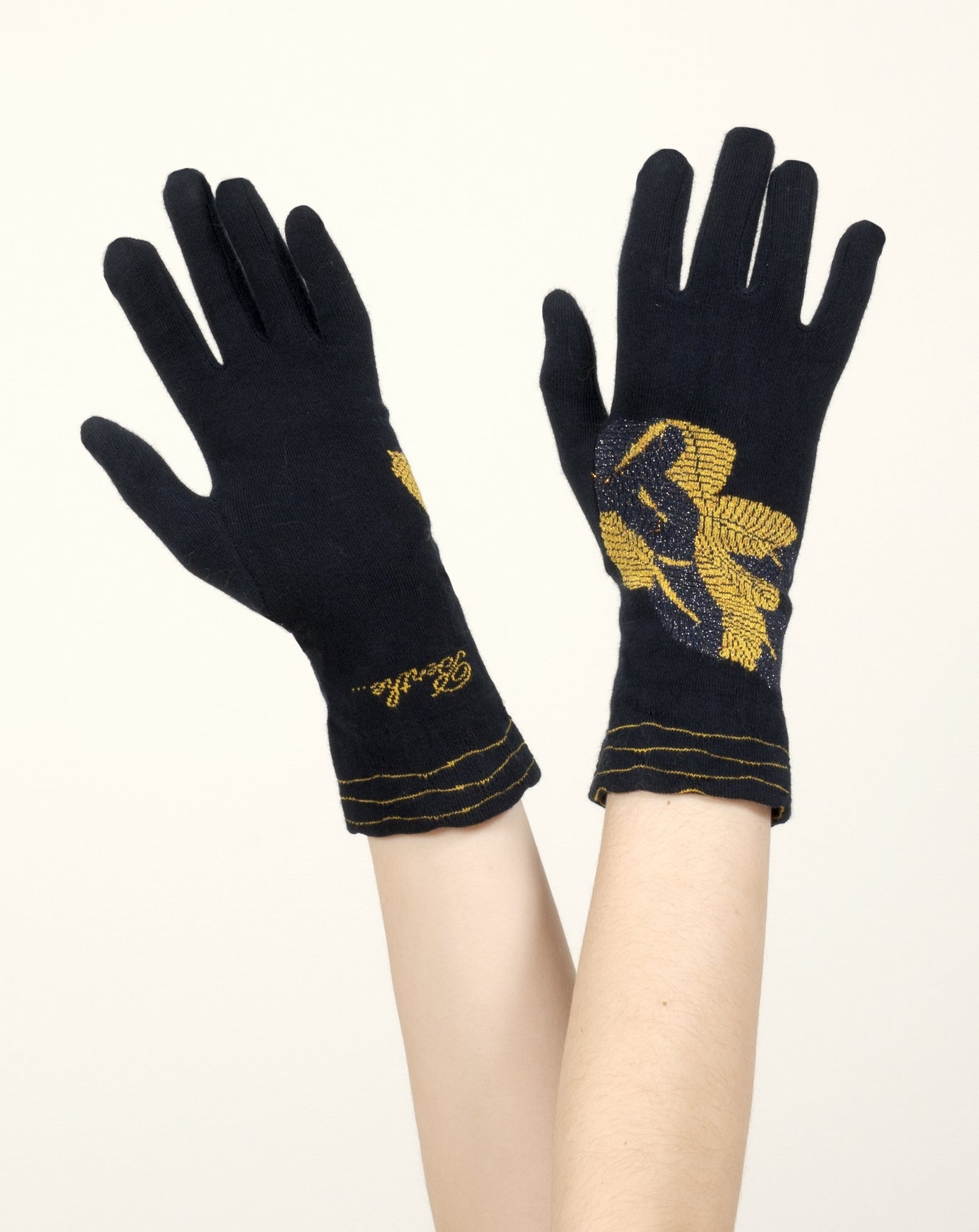 Gants femme coton feuilles d'or MARINE