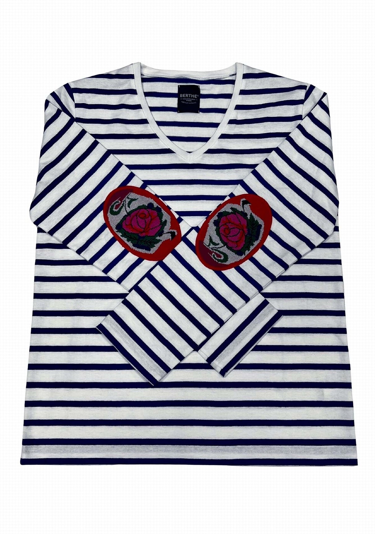Marinière femme Berthe Aux Grands Pieds col V coudières fleur de rose blanc bleu électrique BLA/BLE