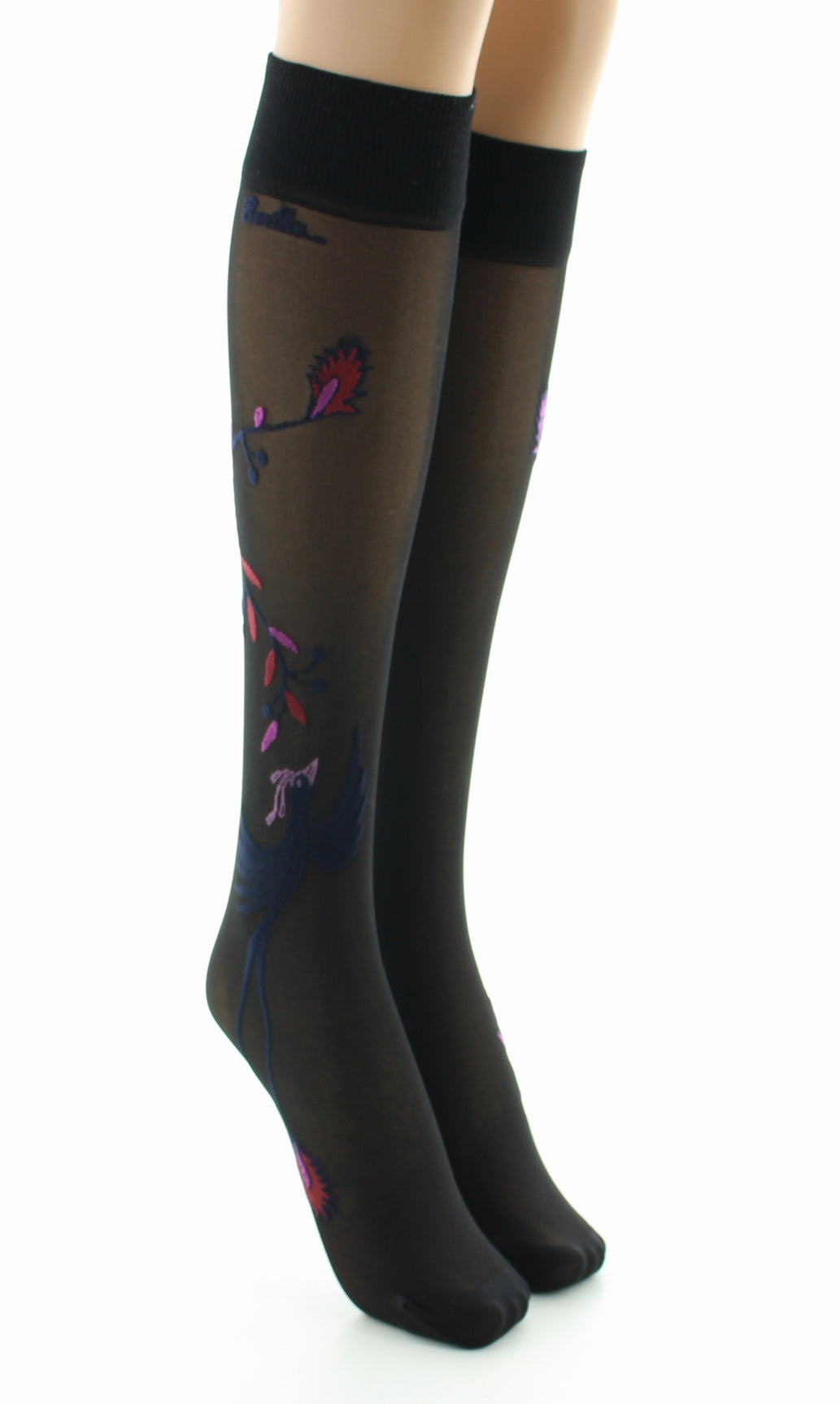 Mi-bas 30D femme noir oiseau marine et rose NOIR/MARINE