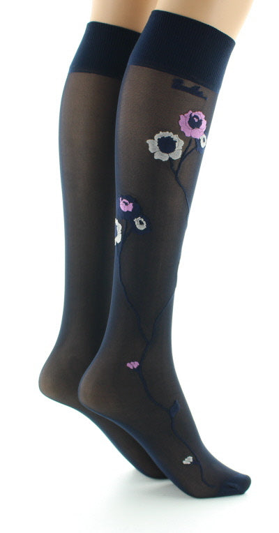 Mi-bas 30D marine Fleurs roses et beige BLEU MARINE