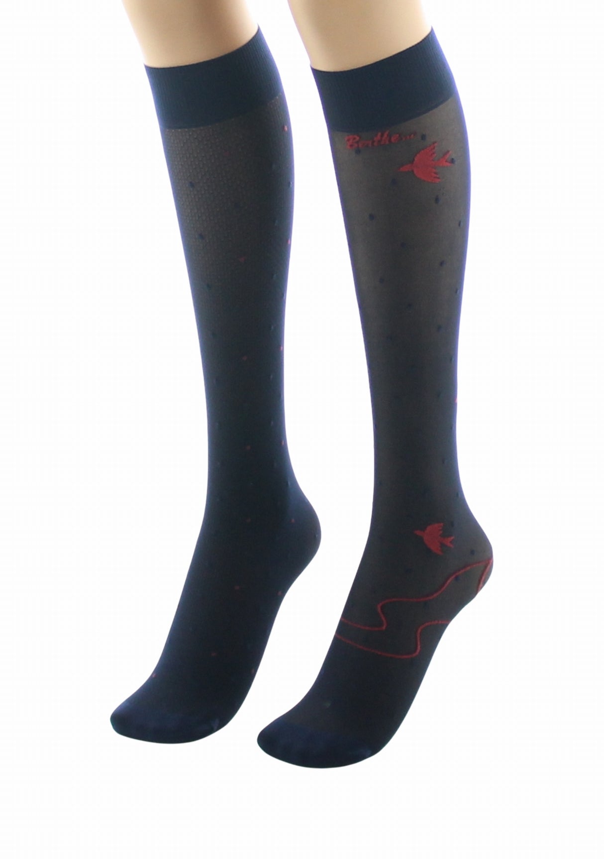 Mi-bas fins 30 deniers femme Berthe Aux Grands Pieds asymétriques marine oiseaux rouge MARINE/ROUGE/NOIR