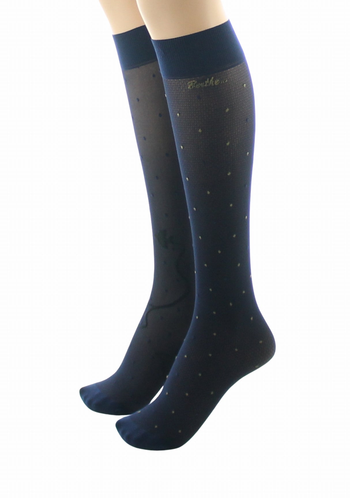 Mi-bas fins 30 deniers femme Berthe Aux Grands Pieds asymétriques marine pois kaki et oiseaux noir MARINE/KAKI/NOIR