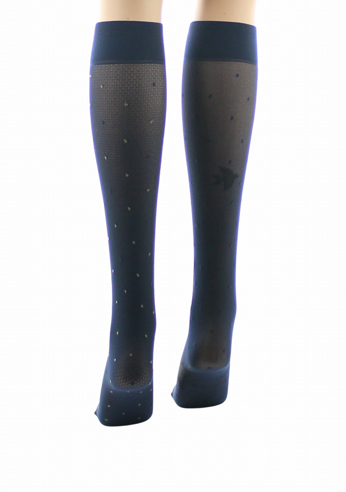 Mi-bas fins 30 deniers femme Berthe Aux Grands Pieds asymétriques marine pois kaki et oiseaux noir MARINE/KAKI/NOIR