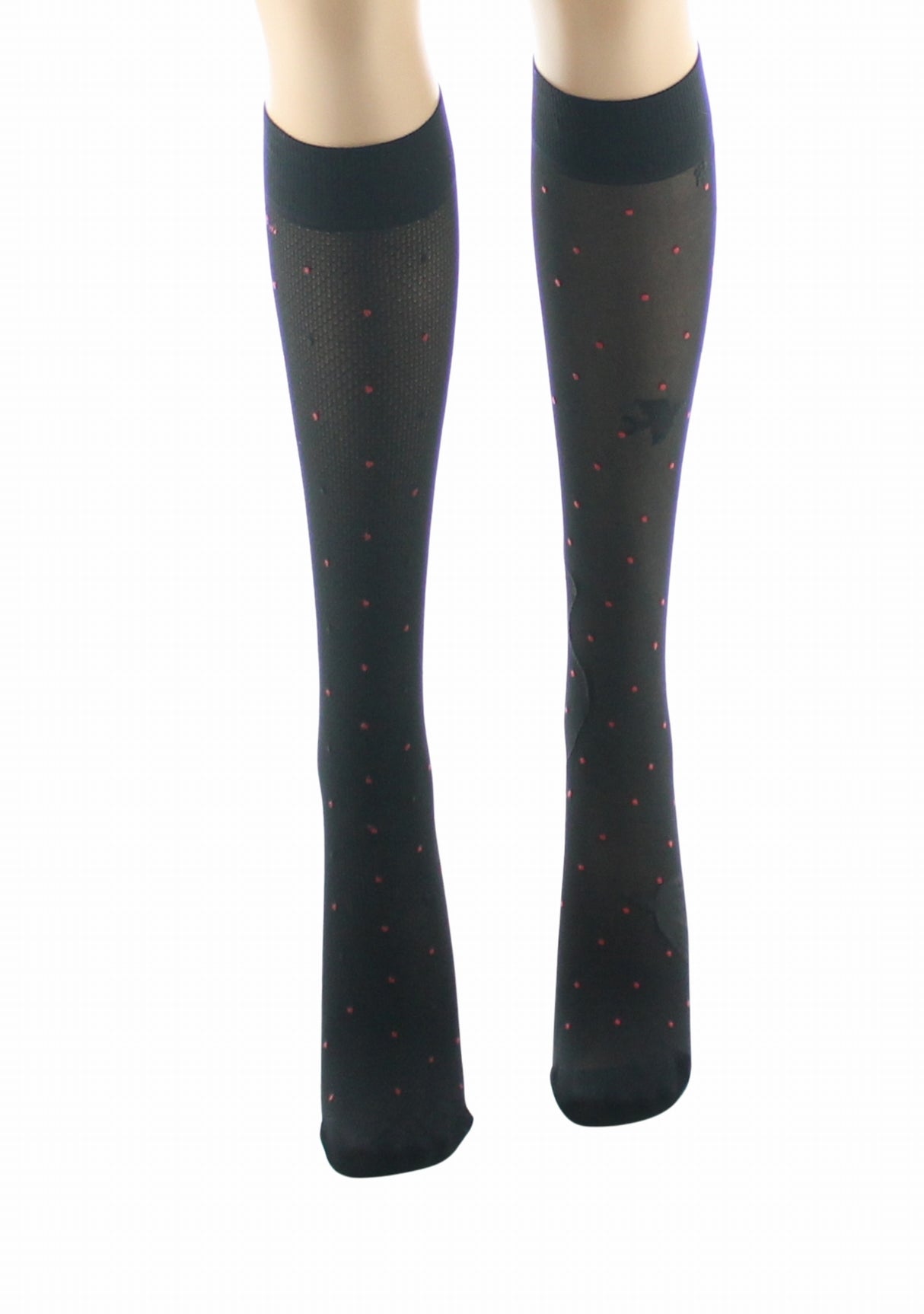 Mi-bas fins 30 deniers femme Berthe Aux Grands Pieds asymétriques pois rouges et oiseaux noir NOIR/ROUGE/NOIR
