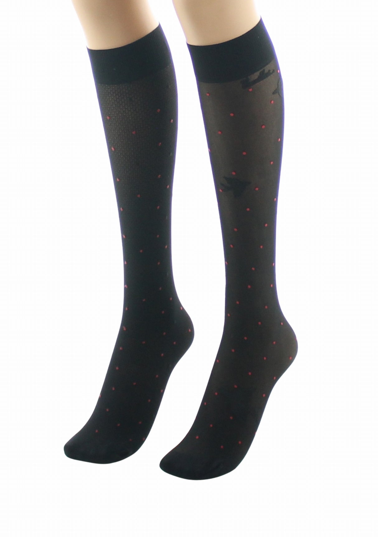Mi-bas fins 30 deniers femme Berthe Aux Grands Pieds asymétriques pois rouges et oiseaux noir NOIR/ROUGE/NOIR