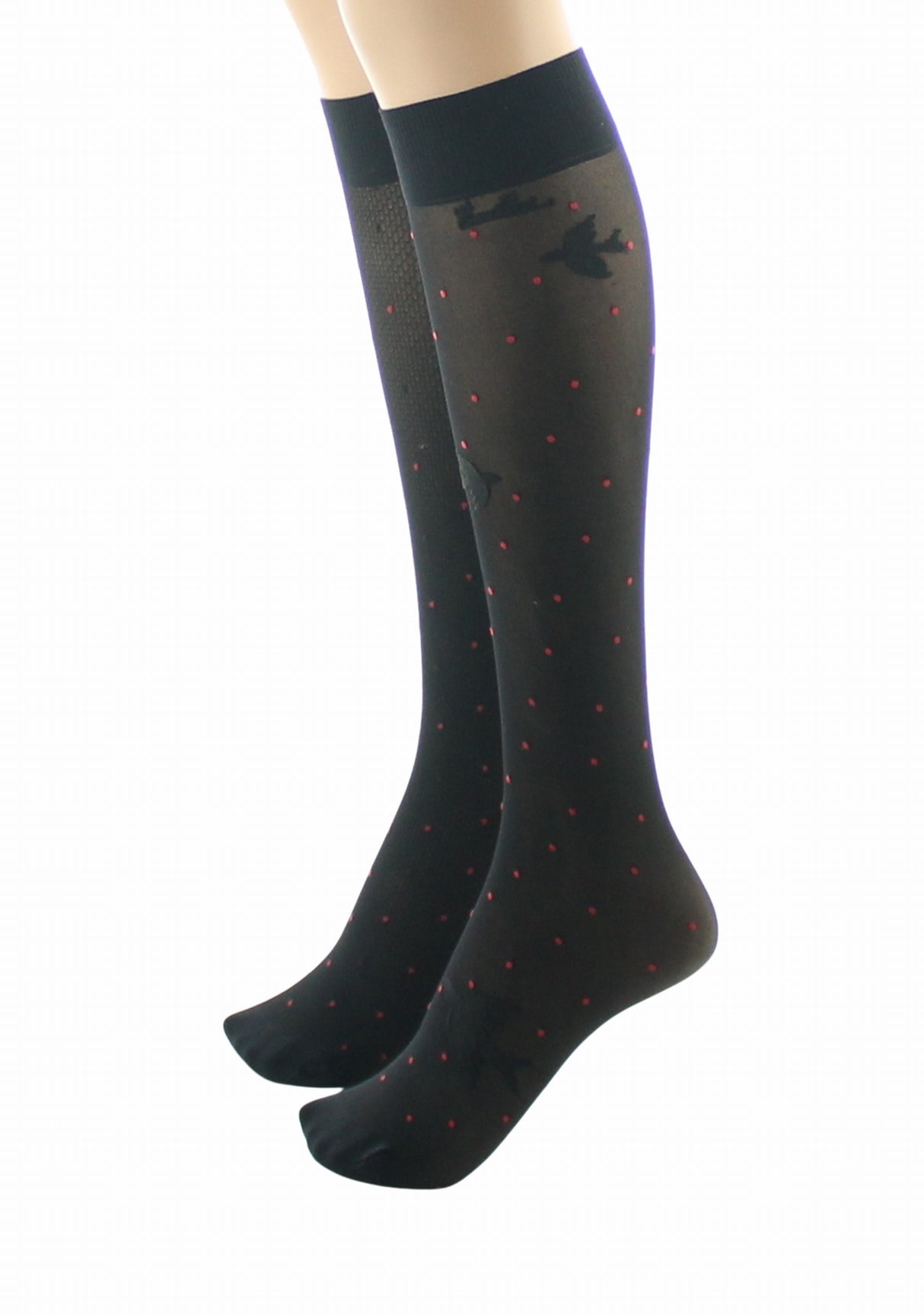 Mi-bas fins 30 deniers femme Berthe Aux Grands Pieds asymétriques pois rouges et oiseaux noir NOIR/ROUGE/NOIR
